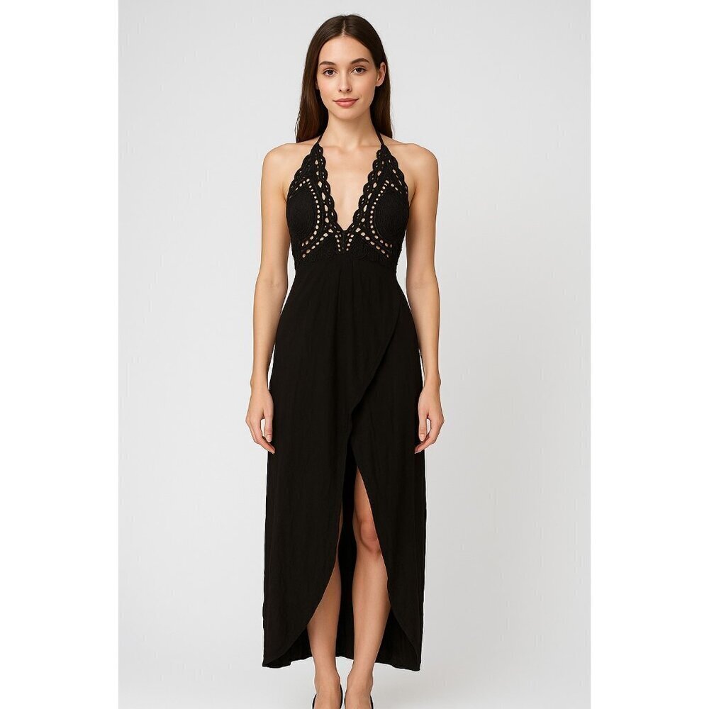 Cleobella Embroidered Lace Halter Midi Maxi Dress Tulip Hem Black - Size XS